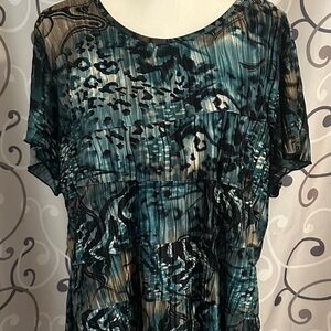 dressbarn Teal and Black Patterned Blouse